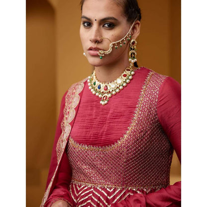 PRATIBHA SULTANIA Embellished Chanderi Magenta Anarkali Kurta with Organza Dupatta (Set of 2)