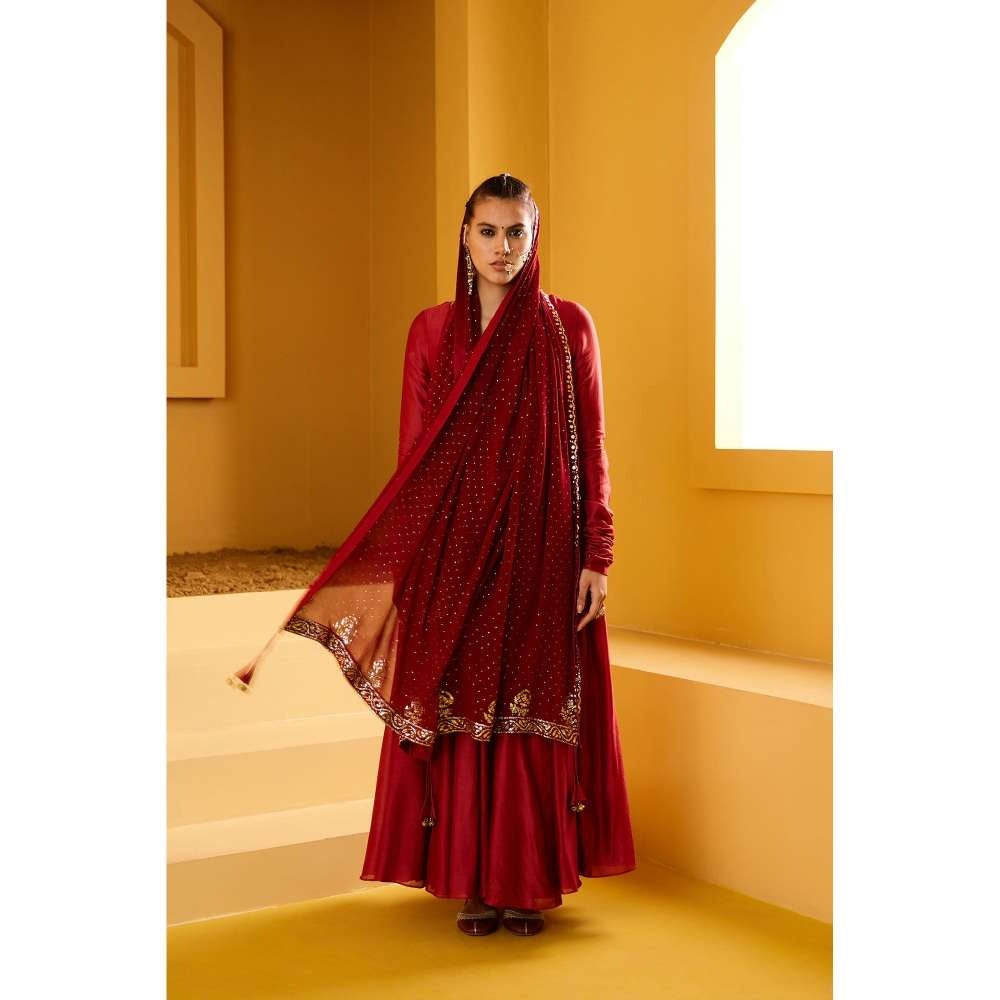 PRATIBHA SULTANIA Maroon Chanderi Angrakha Kurta with Mukaish Dupatta (Set of 2)