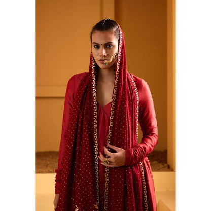 PRATIBHA SULTANIA Maroon Chanderi Angrakha Kurta with Mukaish Dupatta (Set of 2)