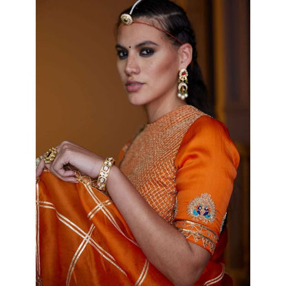 PRATIBHA SULTANIA Orange Jali Kurta with Sharara & Bordered Organza Dupatta (Set of 3)