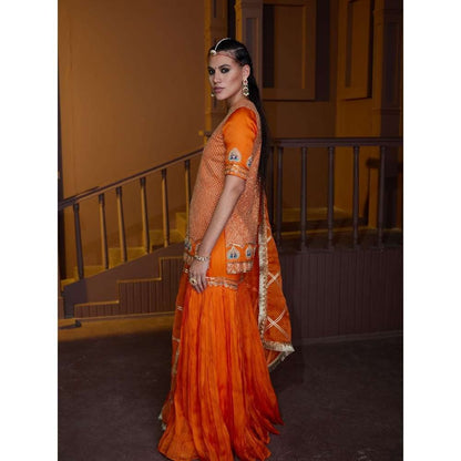 PRATIBHA SULTANIA Orange Jali Kurta with Sharara & Bordered Organza Dupatta (Set of 3)