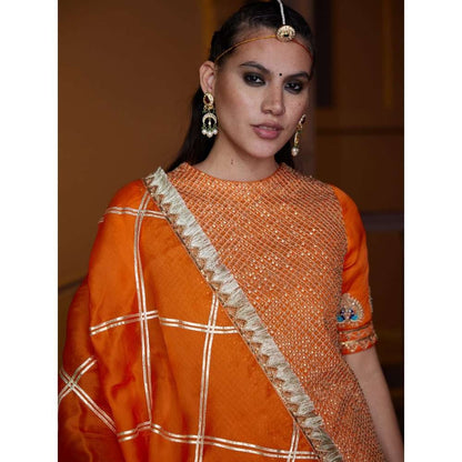 PRATIBHA SULTANIA Orange Jali Kurta with Sharara & Bordered Organza Dupatta (Set of 3)