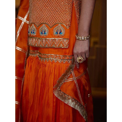 PRATIBHA SULTANIA Orange Jali Kurta with Sharara & Bordered Organza Dupatta (Set of 3)
