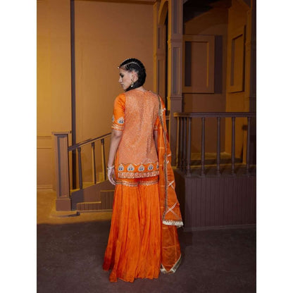 PRATIBHA SULTANIA Orange Jali Kurta with Sharara & Bordered Organza Dupatta (Set of 3)