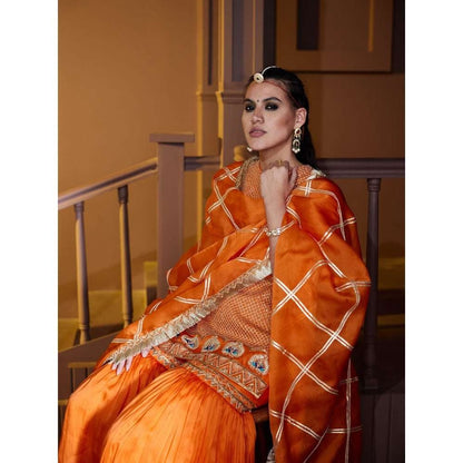 PRATIBHA SULTANIA Orange Jali Kurta with Sharara & Bordered Organza Dupatta (Set of 3)