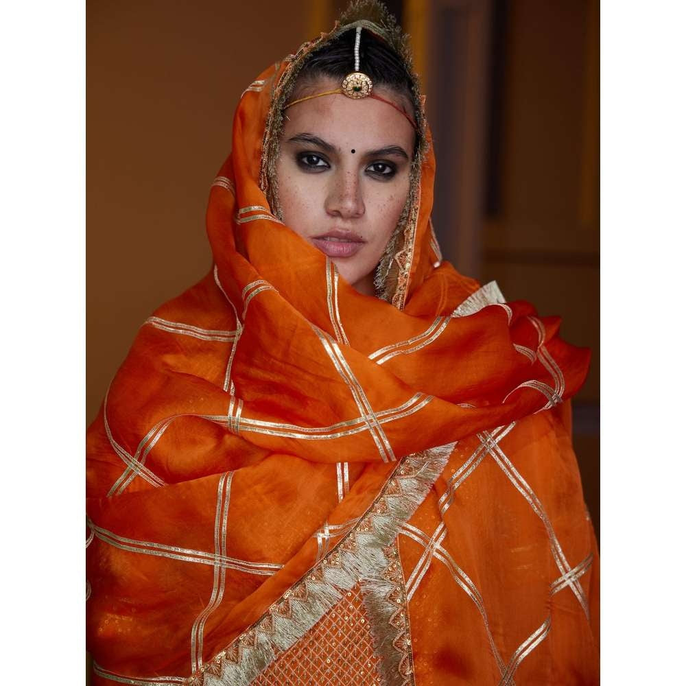 PRATIBHA SULTANIA Orange Jali Kurta with Sharara & Bordered Organza Dupatta (Set of 3)