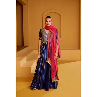 PRATIBHA SULTANIA Purple Front Open Panelled Anarkali Kurta with Pants & Dupatta (Set of 3)