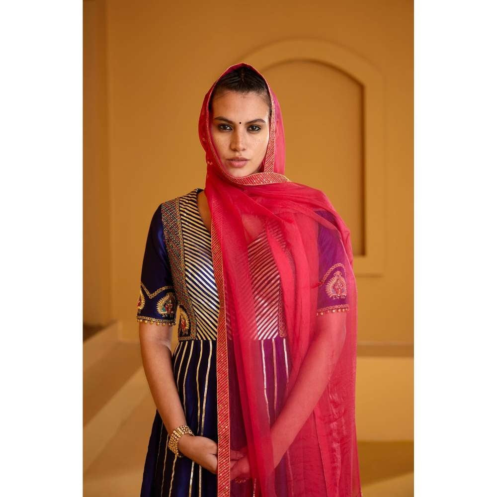 PRATIBHA SULTANIA Purple Front Open Panelled Anarkali Kurta with Pants & Dupatta (Set of 3)