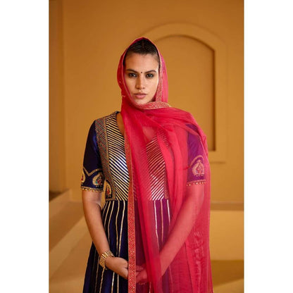 PRATIBHA SULTANIA Purple Front Open Panelled Anarkali Kurta with Pants & Dupatta (Set of 3)