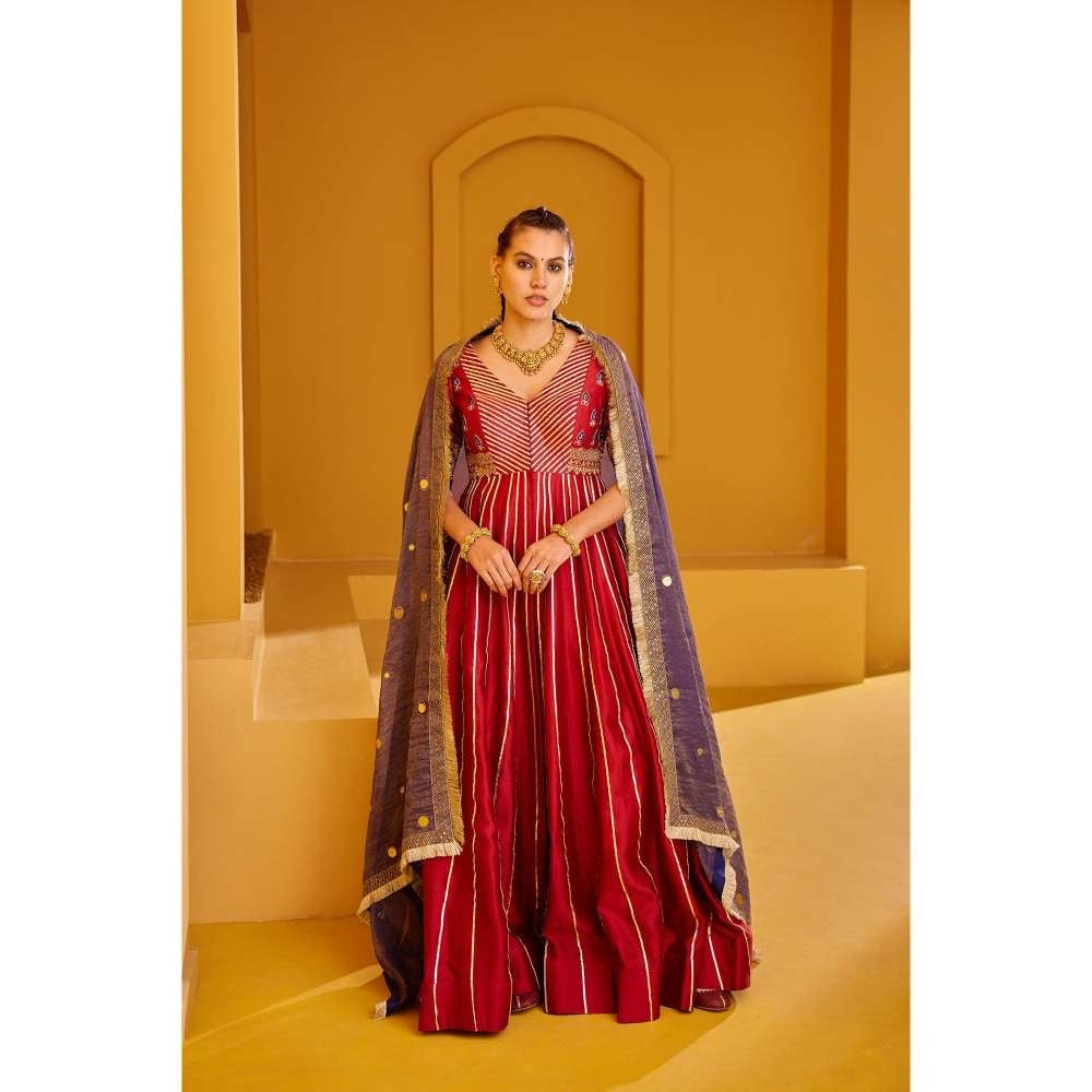 PRATIBHA SULTANIA Maroon Front Open Panelled Anarkali Kurta with Pants & Dupatta (Set of 3)