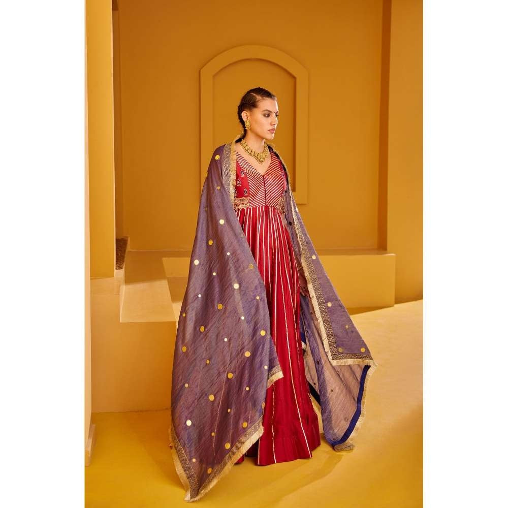 PRATIBHA SULTANIA Maroon Front Open Panelled Anarkali Kurta with Pants & Dupatta (Set of 3)