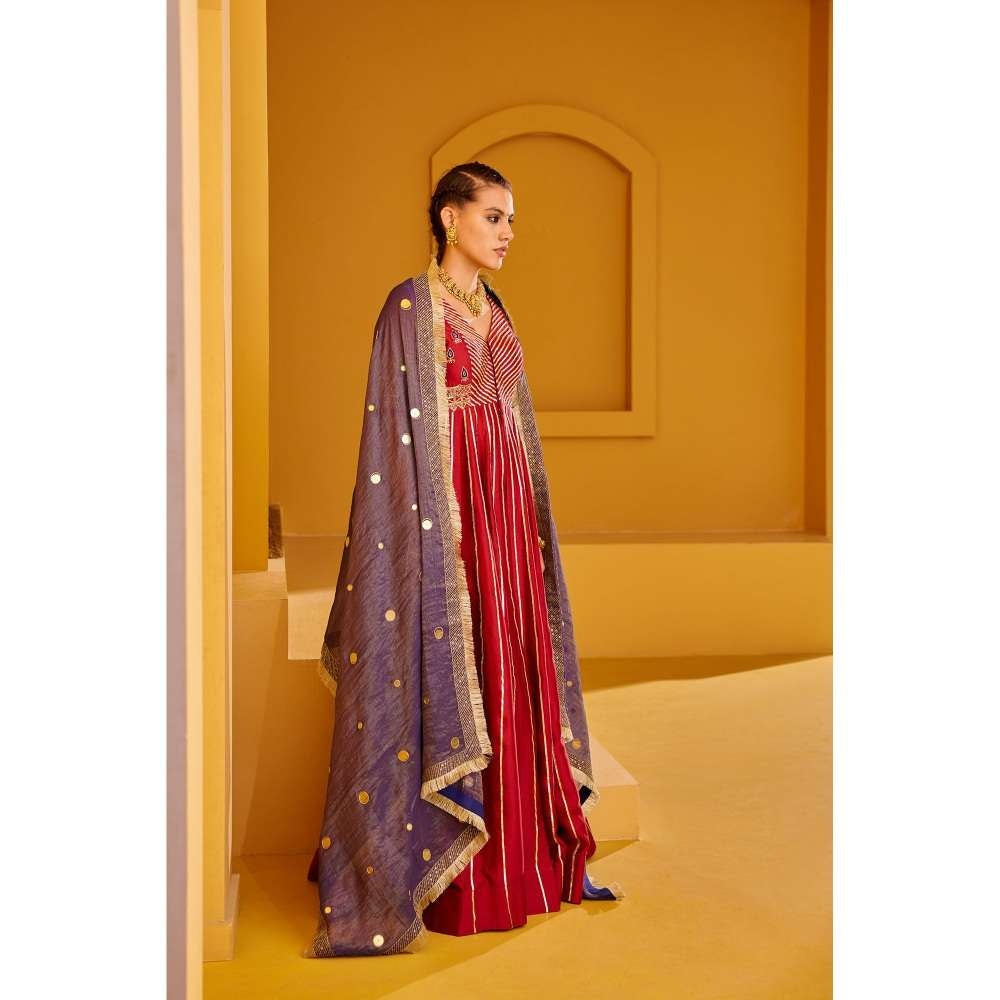 PRATIBHA SULTANIA Maroon Front Open Panelled Anarkali Kurta with Pants & Dupatta (Set of 3)