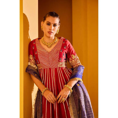 PRATIBHA SULTANIA Maroon Front Open Panelled Anarkali Kurta with Pants & Dupatta (Set of 3)