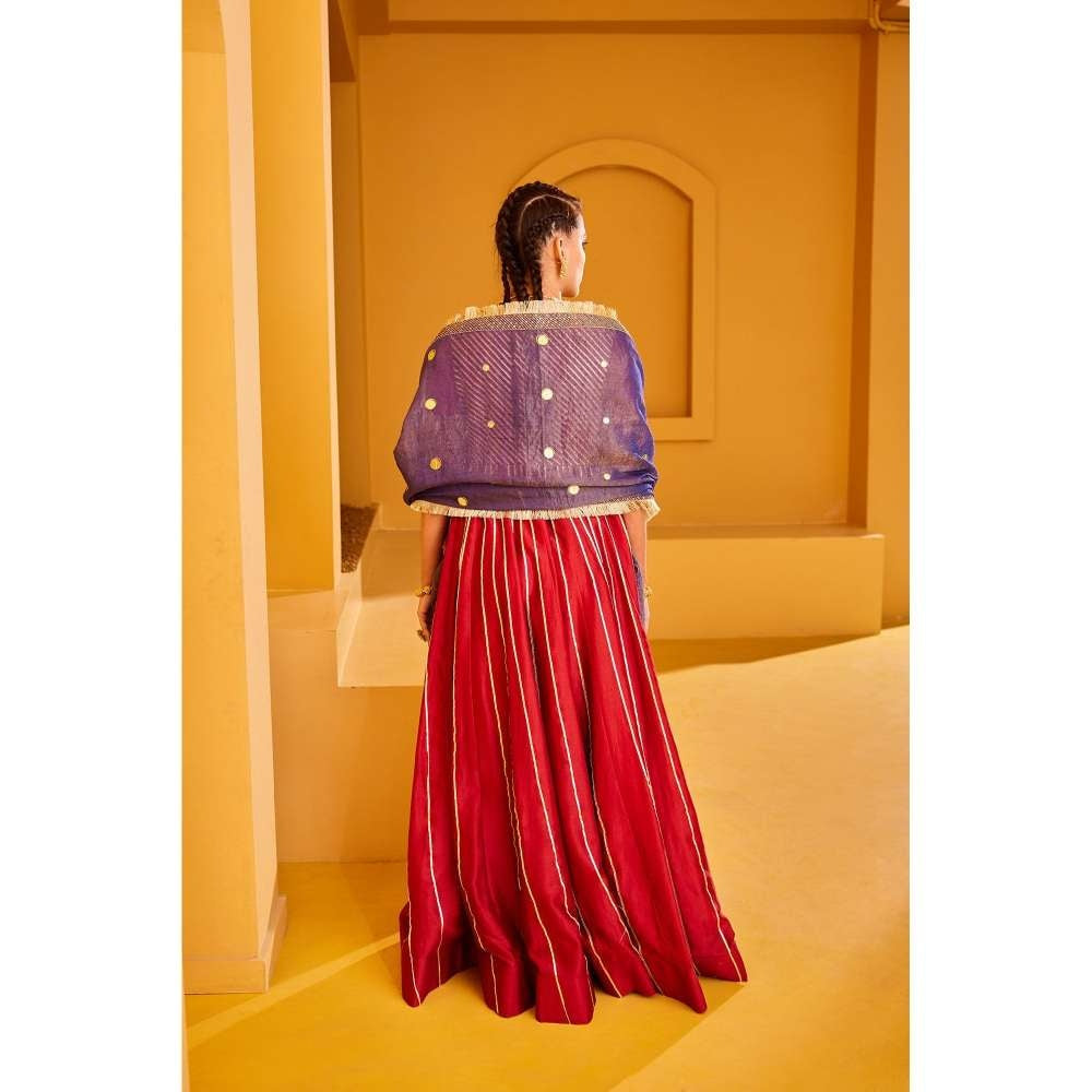 PRATIBHA SULTANIA Maroon Front Open Panelled Anarkali Kurta with Pants & Dupatta (Set of 3)