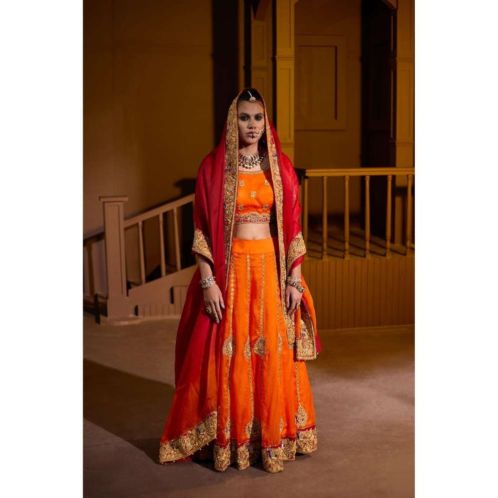 PRATIBHA SULTANIA Orange Hand Embellished Lehenga with Choli & Dupatta (Set of 3)