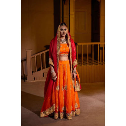 PRATIBHA SULTANIA Orange Hand Embellished Lehenga with Choli & Dupatta (Set of 3)
