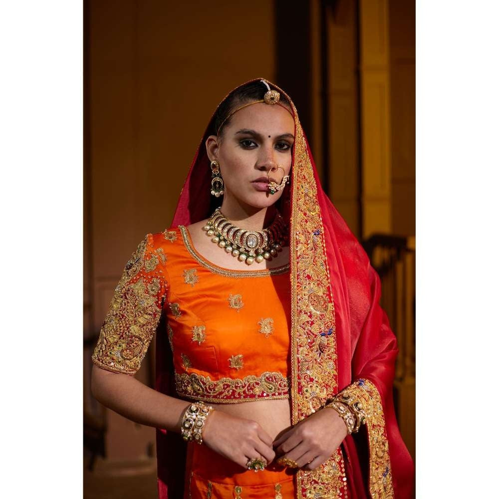 PRATIBHA SULTANIA Orange Hand Embellished Lehenga with Choli & Dupatta (Set of 3)