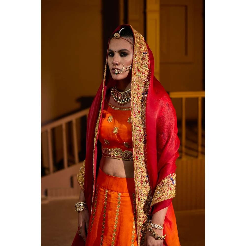 PRATIBHA SULTANIA Orange Hand Embellished Lehenga with Choli & Dupatta (Set of 3)