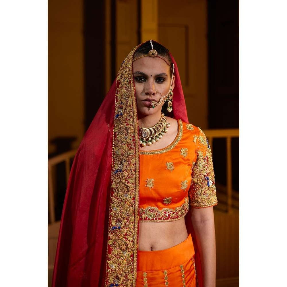 PRATIBHA SULTANIA Orange Hand Embellished Lehenga with Choli & Dupatta (Set of 3)