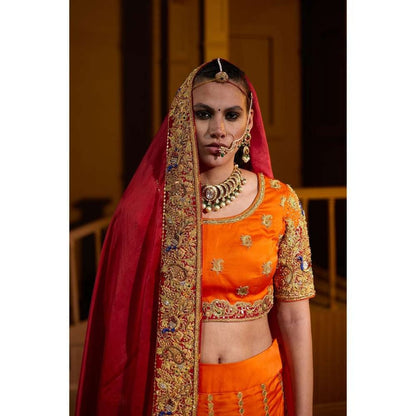 PRATIBHA SULTANIA Orange Hand Embellished Lehenga with Choli & Dupatta (Set of 3)