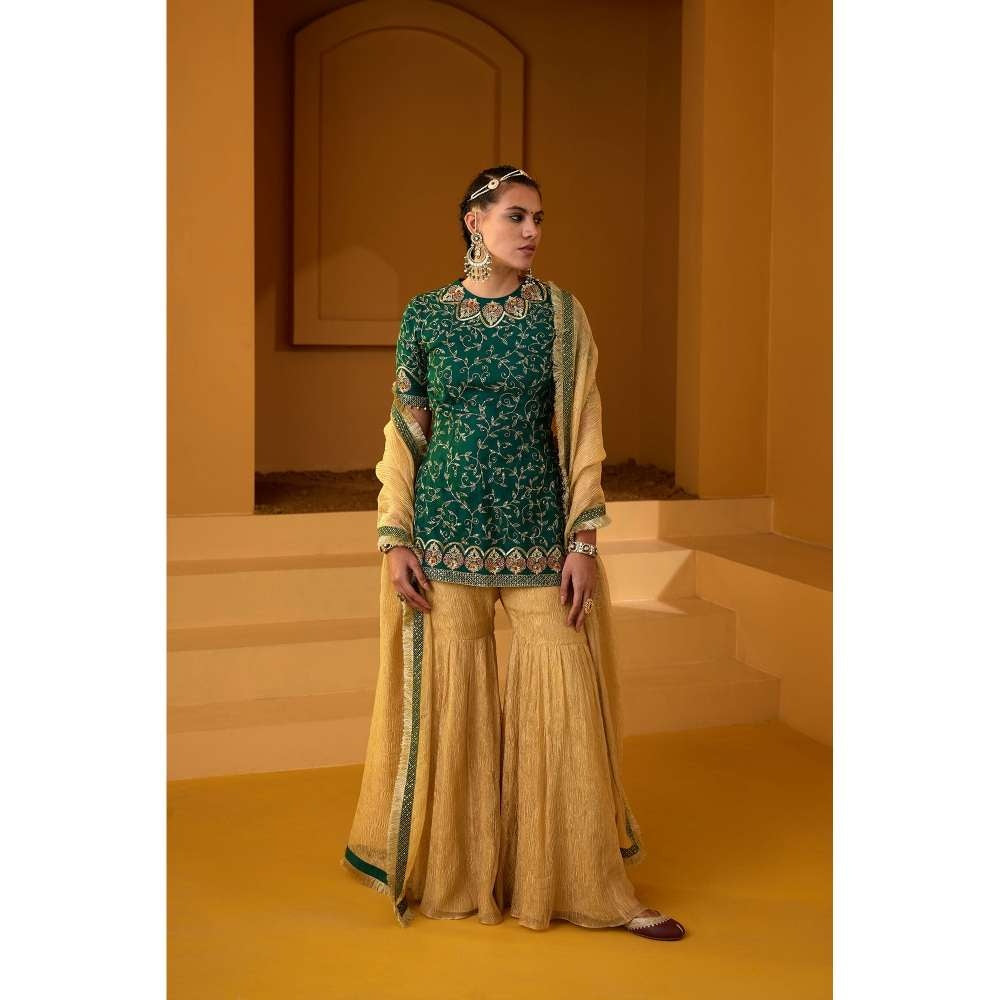 PRATIBHA SULTANIA Organza Hand Embellished Kurti with Tissue Sharara & Dupatta (Set of 3)