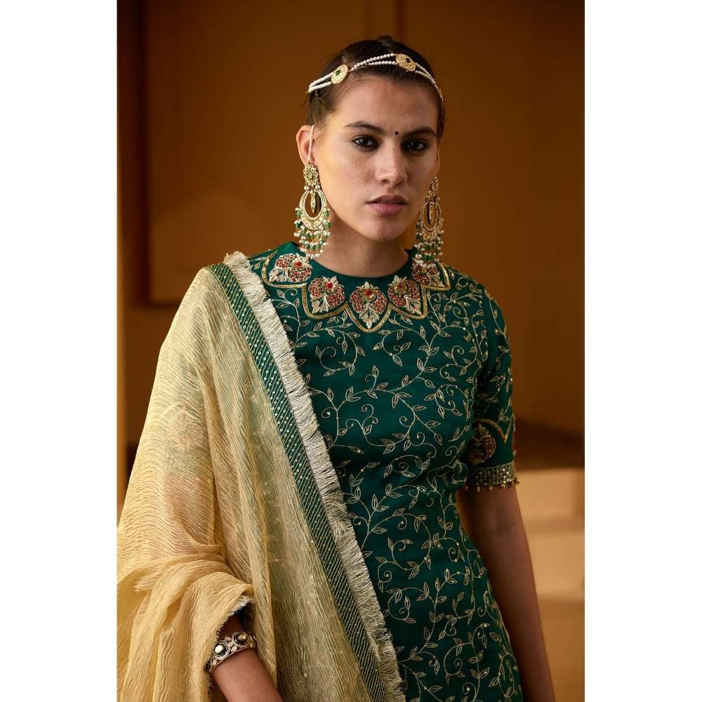 PRATIBHA SULTANIA Organza Hand Embellished Kurti with Tissue Sharara & Dupatta (Set of 3)