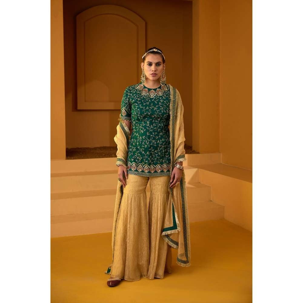 PRATIBHA SULTANIA Organza Hand Embellished Kurti with Tissue Sharara & Dupatta (Set of 3)