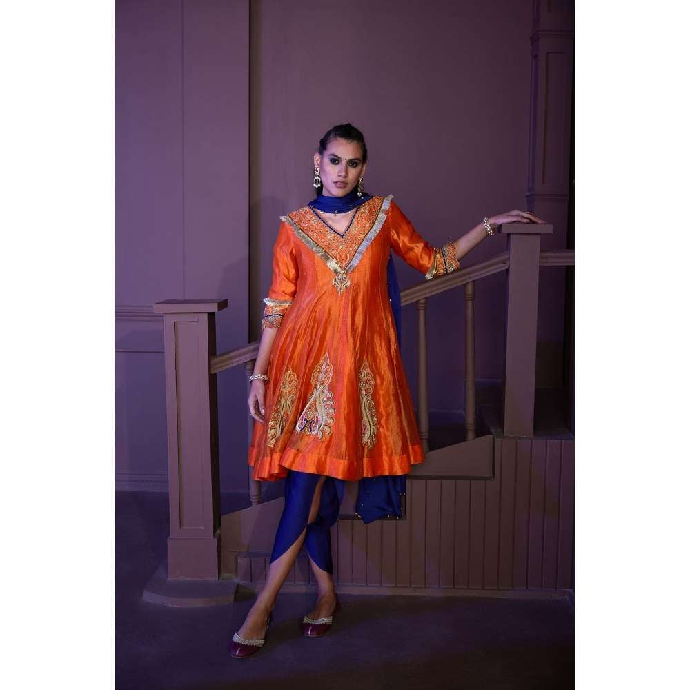 PRATIBHA SULTANIA Orange Hand Embellished Anarkali Kurti with Satin Dhoti & Dupatta (Set of 3)