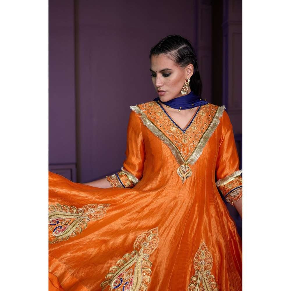 PRATIBHA SULTANIA Orange Hand Embellished Anarkali Kurti with Satin Dhoti & Dupatta (Set of 3)