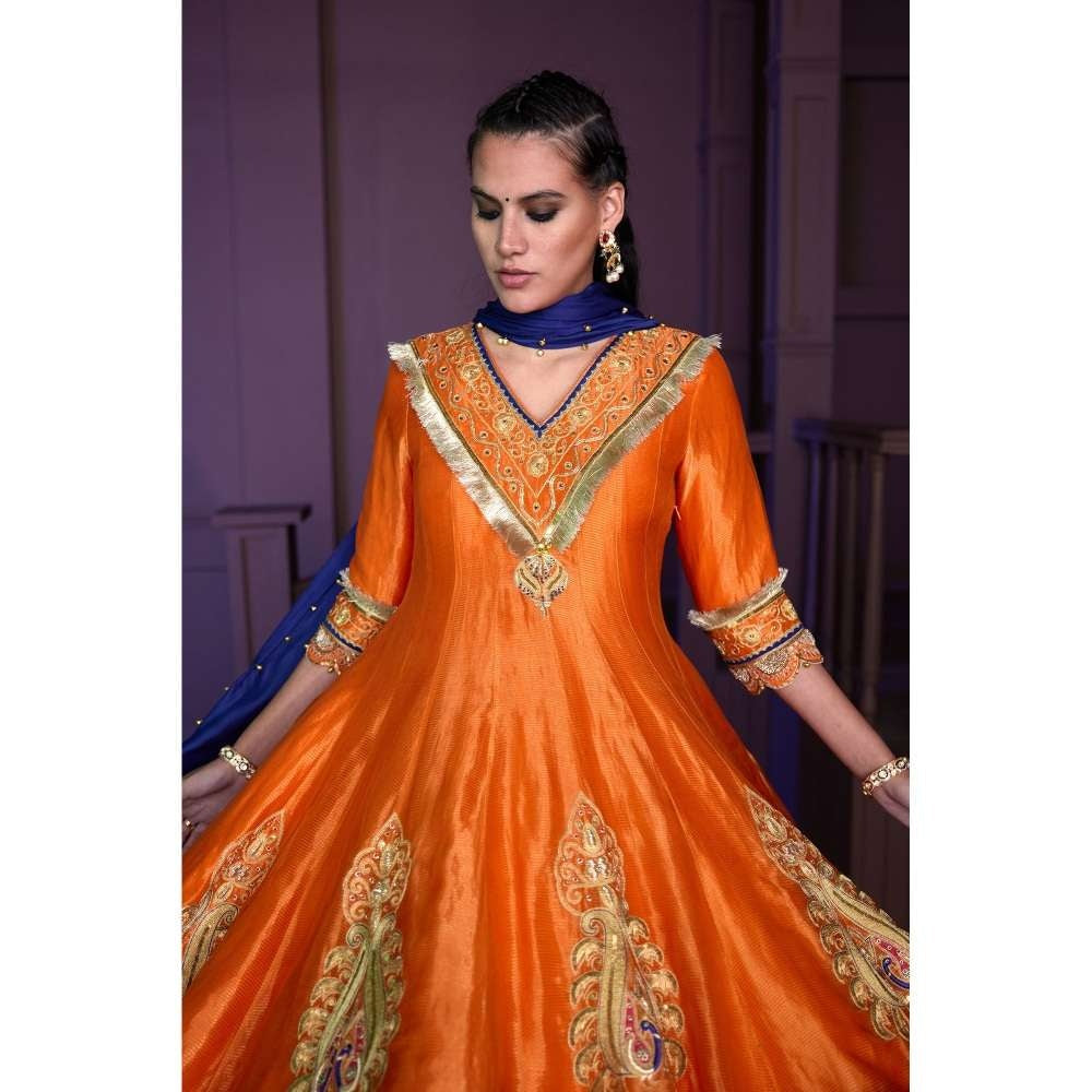 PRATIBHA SULTANIA Orange Hand Embellished Anarkali Kurti with Satin Dhoti & Dupatta (Set of 3)