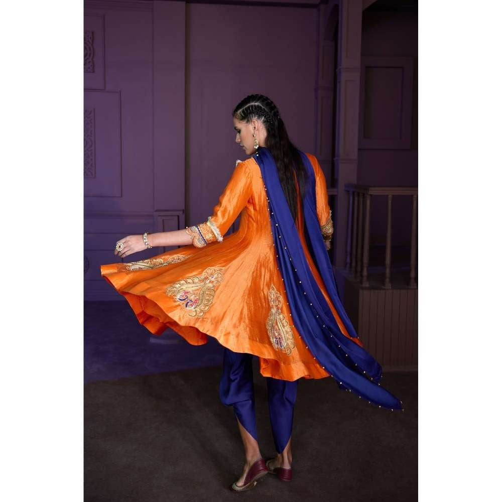 PRATIBHA SULTANIA Orange Hand Embellished Anarkali Kurti with Satin Dhoti & Dupatta (Set of 3)