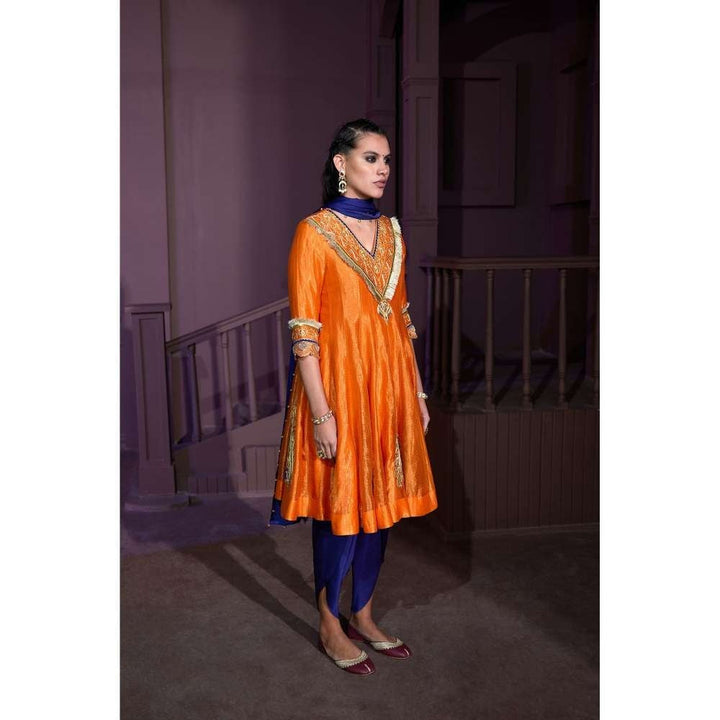PRATIBHA SULTANIA Orange Hand Embellished Anarkali Kurti with Satin Dhoti & Dupatta (Set of 3)