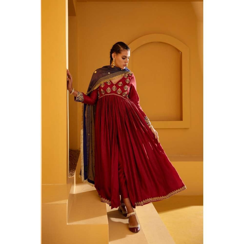 PRATIBHA SULTANIA Maroon Embellished Neck Anarkali Kurta with Pant & Dupatta (Set of 3)