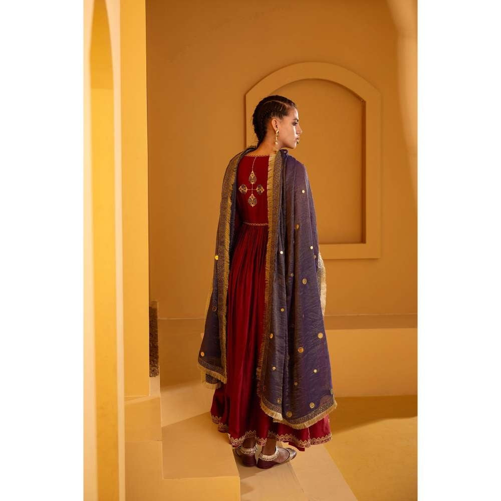 PRATIBHA SULTANIA Maroon Embellished Neck Anarkali Kurta with Pant & Dupatta (Set of 3)