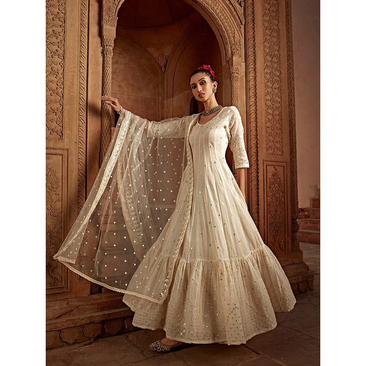 Preevin Off White Barfi Anarkali with Embroidered Dupatta (Set of 2)