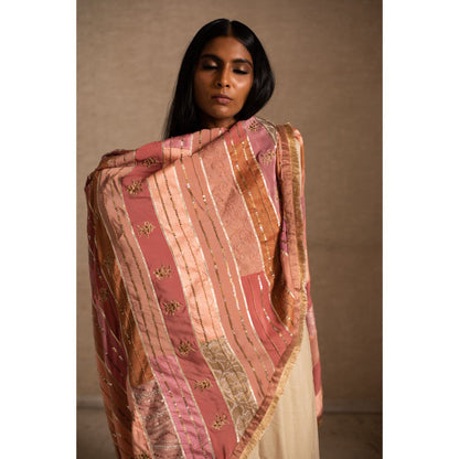 PRIYANKA RAAJIV Aahi Patchwork Pink and Beige Dupatta