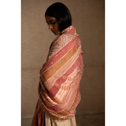 PRIYANKA RAAJIV Aahi Patchwork Pink and Beige Dupatta