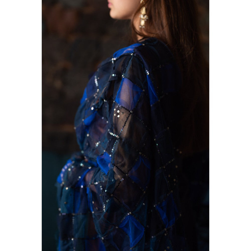 PRIYANKA RAAJIV Nesham Blue Tulle and Hand Embroidered Dupatta with Sequins