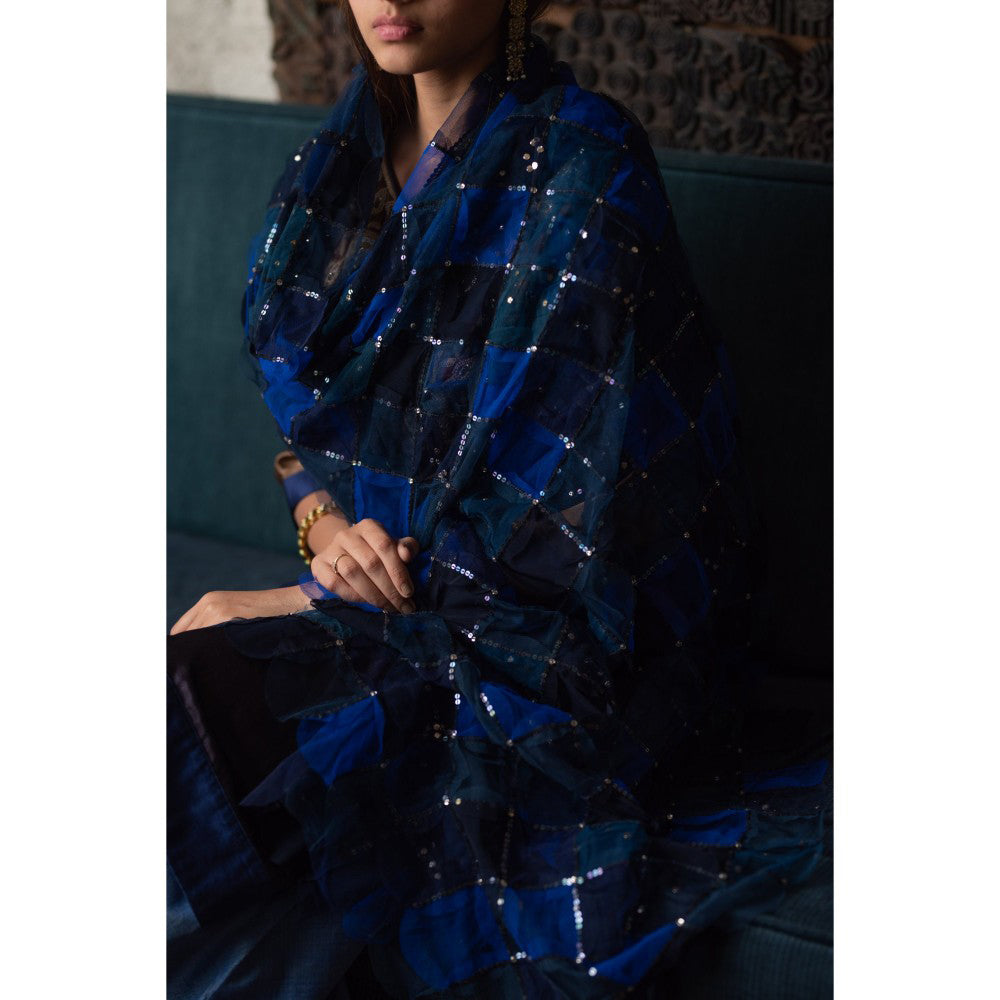 PRIYANKA RAAJIV Nesham Blue Tulle and Hand Embroidered Dupatta with Sequins