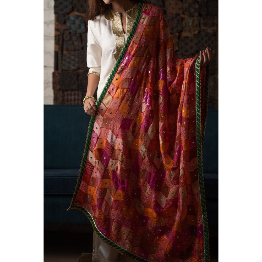 PRIYANKA RAAJIV Ura Pink and Coral Patchwork Dupatta