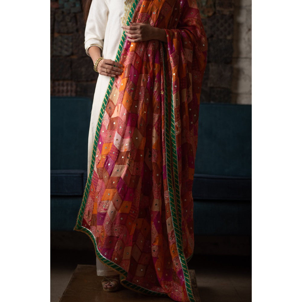 PRIYANKA RAAJIV Ura Pink and Coral Patchwork Dupatta
