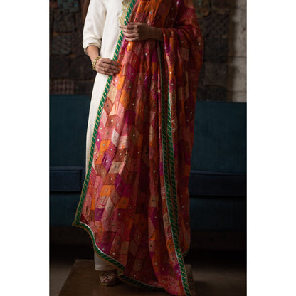 PRIYANKA RAAJIV Ura Pink and Coral Patchwork Dupatta