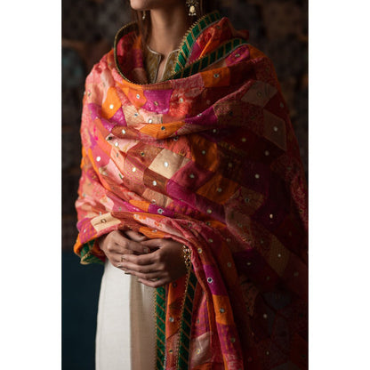 PRIYANKA RAAJIV Ura Pink and Coral Patchwork Dupatta