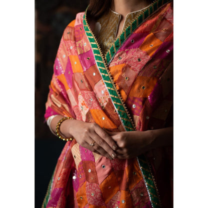 PRIYANKA RAAJIV Ura Pink and Coral Patchwork Dupatta