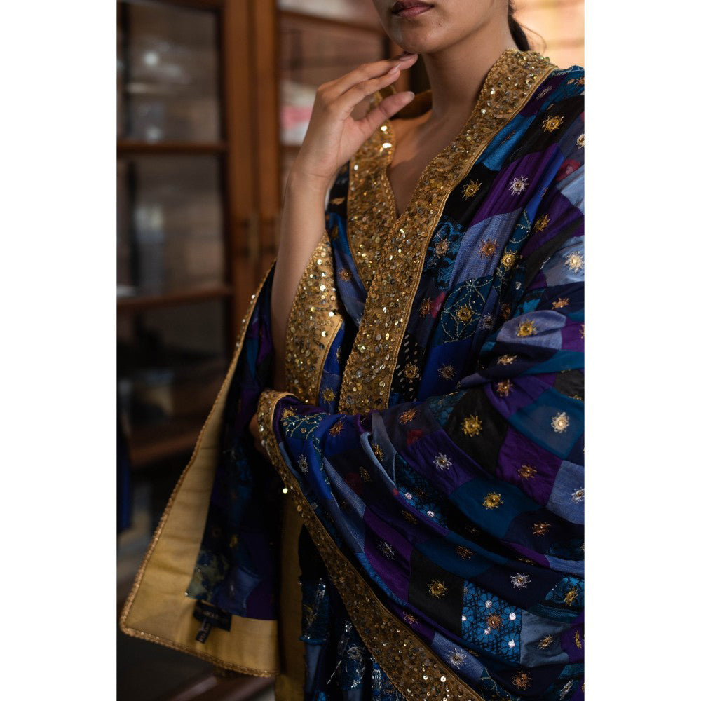 PRIYANKA RAAJIV Rivka Blue Patchwork Dupatta with Zardosi Buttis