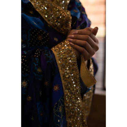 PRIYANKA RAAJIV Rivka Blue Patchwork Dupatta with Zardosi Buttis