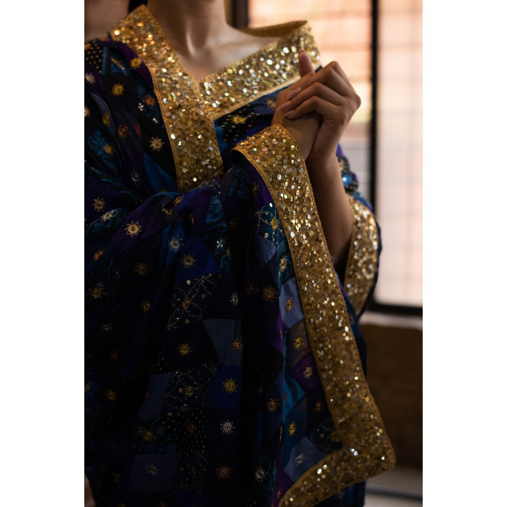 PRIYANKA RAAJIV Rivka Blue Patchwork Dupatta with Zardosi Buttis