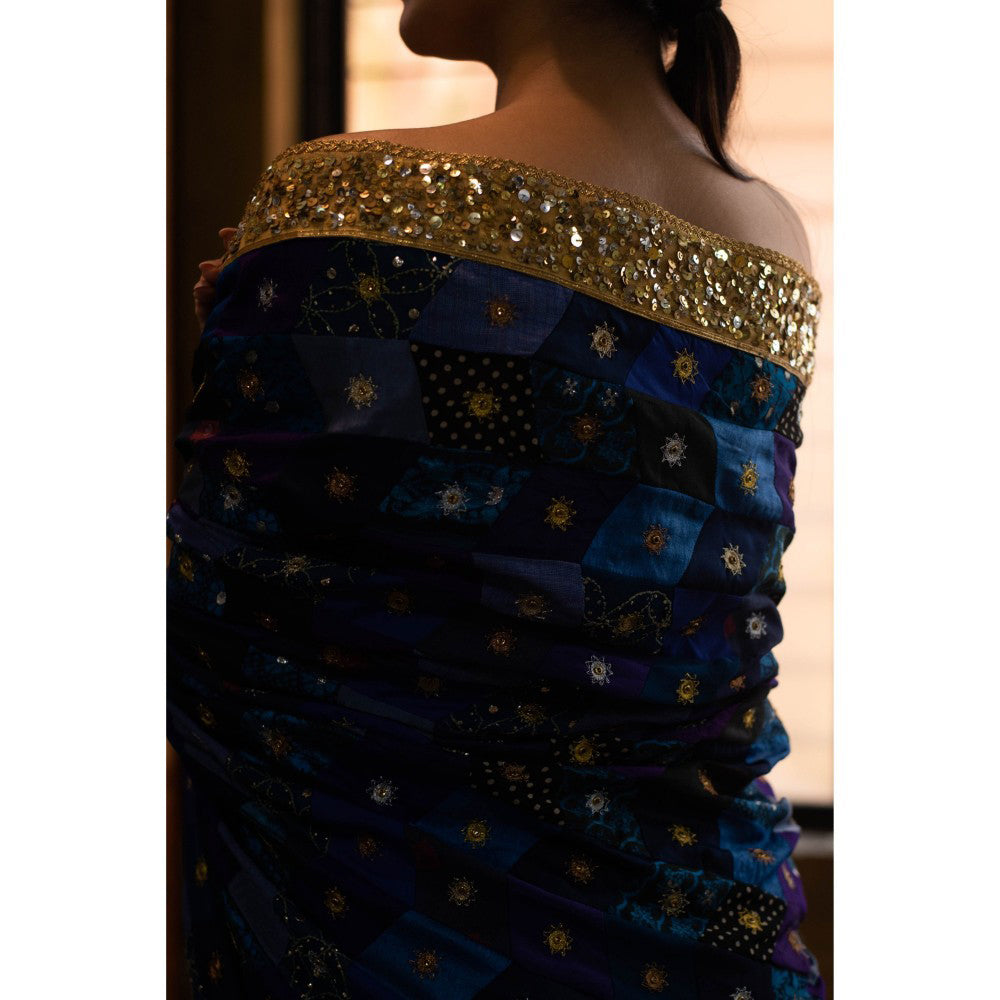 PRIYANKA RAAJIV Rivka Blue Patchwork Dupatta with Zardosi Buttis