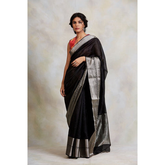 PRIYANKA RAAJIV Advika Black Chanderi Saree without Blouse with Unstitched Blouse