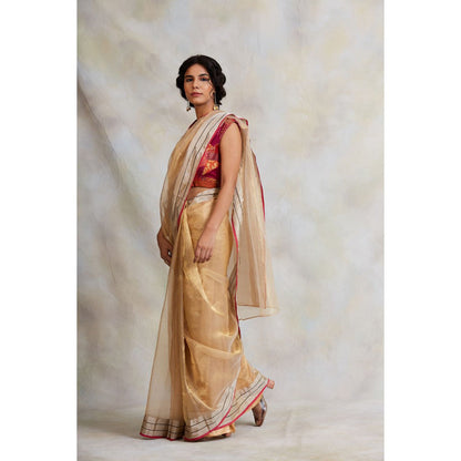 PRIYANKA RAAJIV Harsingar Gold Tissue Chanderi Saree with Unstitched Blouse